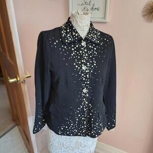 NWT Joan Rivers Black Ribbed Rhinestone & Pearl Poly  Knit Blazer Jacket S RR5